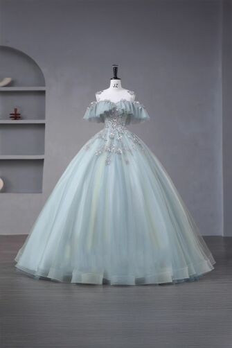 Frosted Whisper – Ice Blue Off-Shoulder Ball Gown with Floral Appliqué