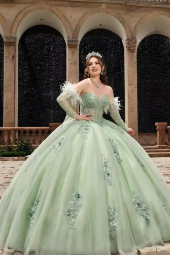 Verdant Dream – Feather Embellished Evening Dress