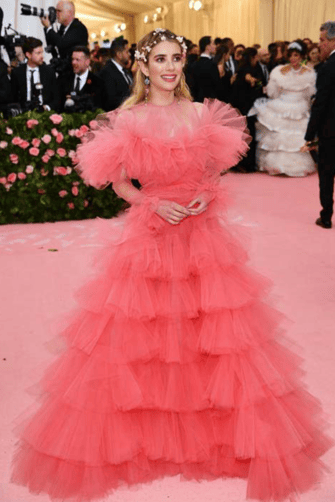 Emma Roberts Coral Long-sleeve Tulle Formal Prom Celebrity Dress Met Gala 2019