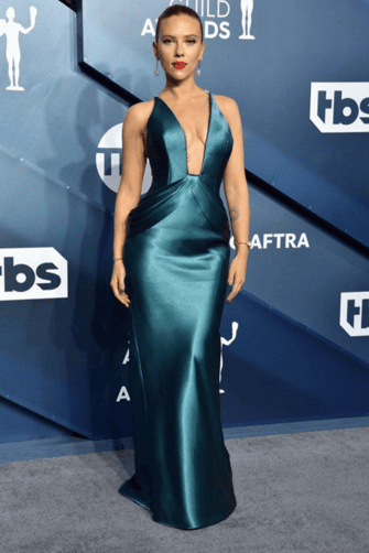 Scarlett Johansson Teal Blue Satin Plunging V-neck Formal Dress SAG Awards 2020