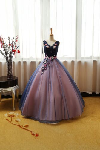 Twilight Blossom – Navy and Lavender Ball Gown with Floral Appliqués
