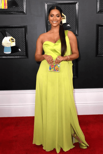 Lilly Singh Green One-shoulder Formal Prom Celebrity Dress with Slit Grammys 2020