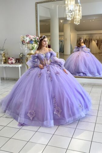 Lavender Enchantress – Off-Shoulder Floral Ball Gown with Sparkling Tulle