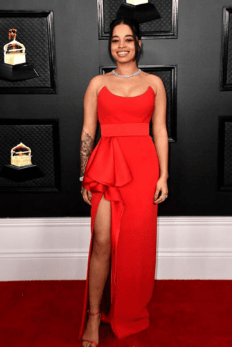 Ella Mai Red Strapless Long Formal Prom Celebrity Dress with Slit Grammys 2020