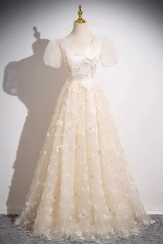 Cream Blossom Garden — Champagne Tulle Gown
