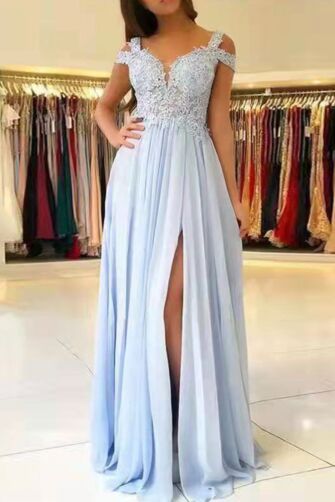 Frozen Elegance – Sky Blue Off-Shoulder Gown with Flowing Chiffon