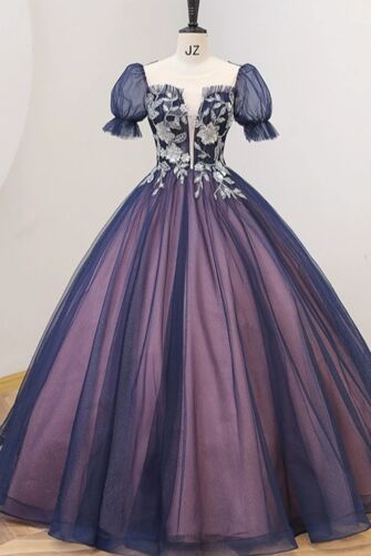 Midnight Amethyst — Puff-Sleeve Embroidered Ball Gown