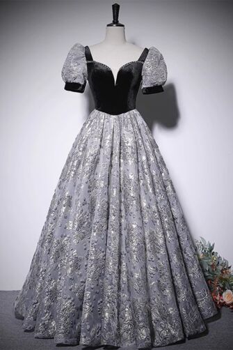 Midnight Pewter Bloom — Velvet-Bodice Princess Dress