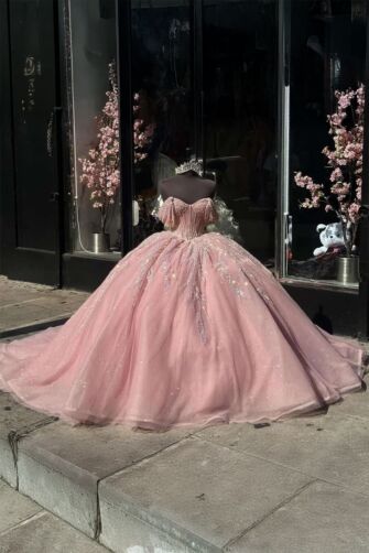 Aurora Blush – Pink Off-Shoulder Ball Gown with Sparkle Embroidery