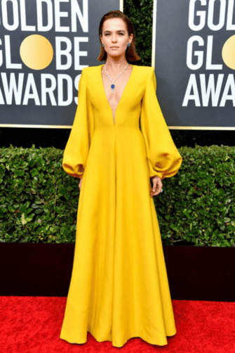 Zoey Deutch Yellow Plunging V-neck Long-sleeve Jumpsuit Golden Globes 2020