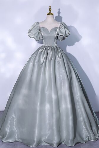 Sage Moonlight — Puff-Sleeve Satin Ball Gown