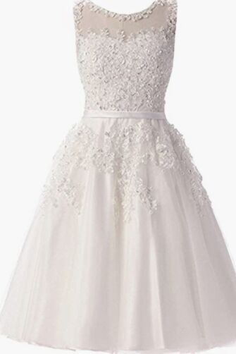 Snow Petal Tea-Length — Floral Appliqué Bridal Dress