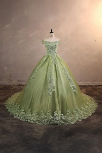Enchanted Sage – Off-Shoulder Green Princess Gown with Lace Appliqué
