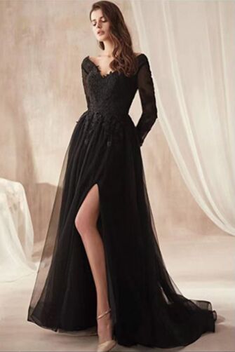 Black Swan Elegance — Long-Sleeve Chiffon Gown