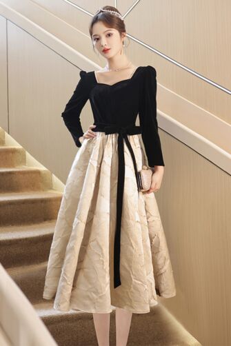 Noir & Ivory Heirloom Midi — Velvet Bodice Jacquard Dress