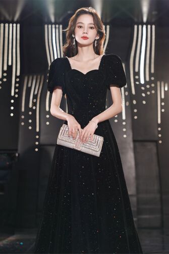 Midnight Constellation — Puff-Sleeve Velvet Gown