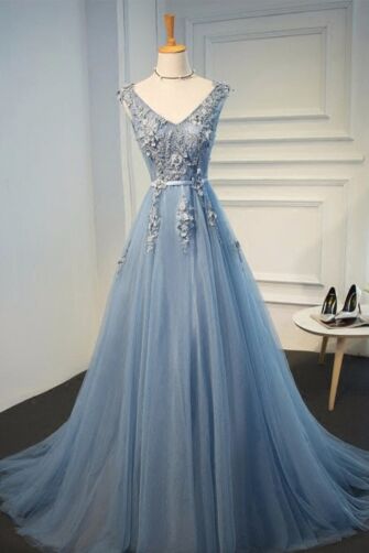 Moonlit Cornflower — Floral-Bodice Evening Gown