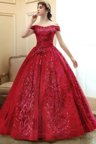Scarlet Rose Empress — Off-Shoulder Embroidered Ball Gown