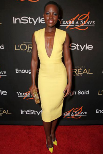 Lupita Nyong鈥檕 Inspired Short Yellow Plunging V-neck Cocktail Party Celebrity Dress
