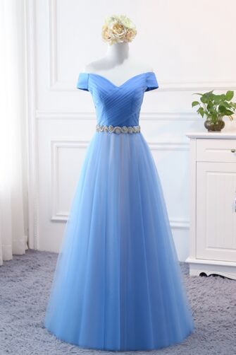 Sky-Blue Off-Shoulder Tulle A-Line Evening Gown with Pleated