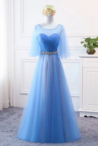 Azure Whisper Flutter-Sleeve Tulle Gown