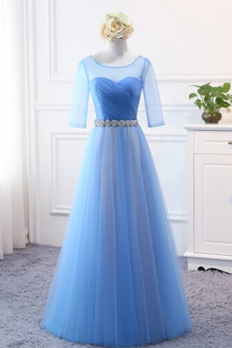 Azure Muse Illusion-Sleeve Tulle Gown