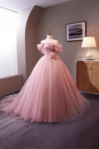 Blushing Petal – Off-Shoulder Tulle Ball Gown with Floral Waist Accent