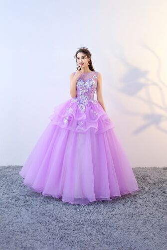 Lavender Bloom – Layered Tulle Ball Gown with Floral Embroidery