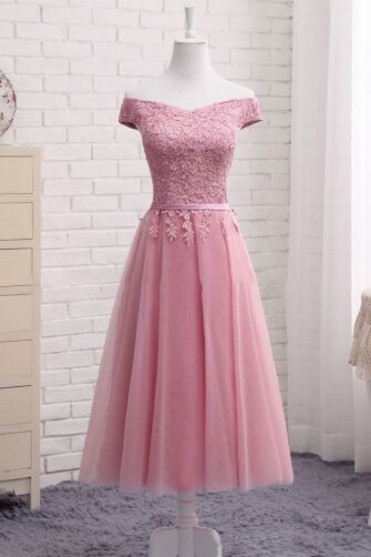 Blush Blossom Off-Shoulder Lace Tea-Length Dress