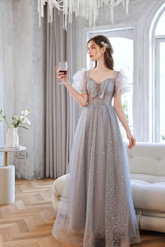 Moonlit Stardust Bow Puff-Sleeve Gown