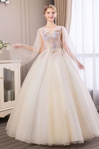 Champagne Enchanted Blossom Cape Ball Gown