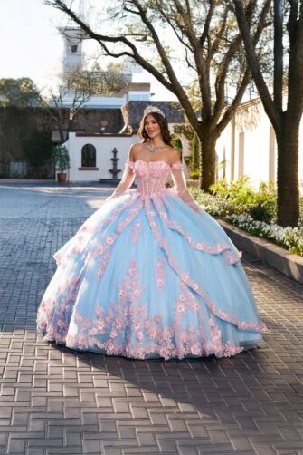Rose Whisper – Sky Blue Gown with Blush Lace Embroidery