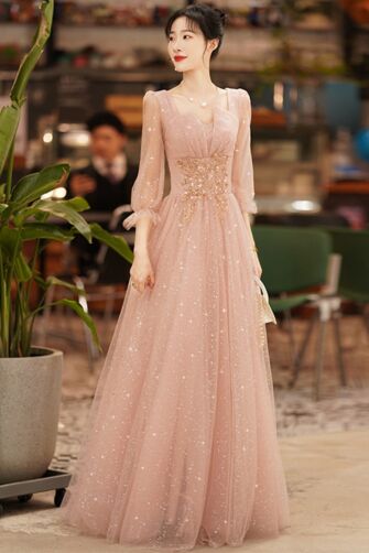 Blush Stardust Puff-Sleeve Tulle Gown