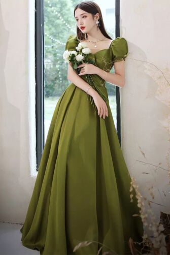 Olive Willow Puff-Sleeve Ball Gown