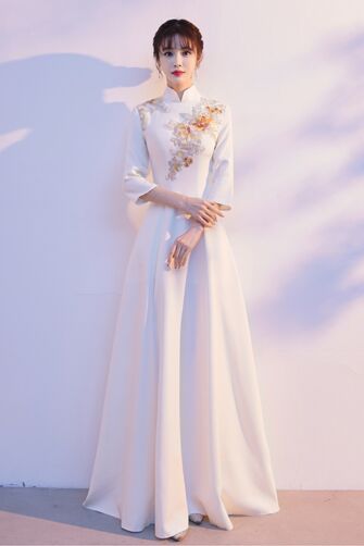 Ivory Lotus Embroidered Mandarin-Collar Gown
