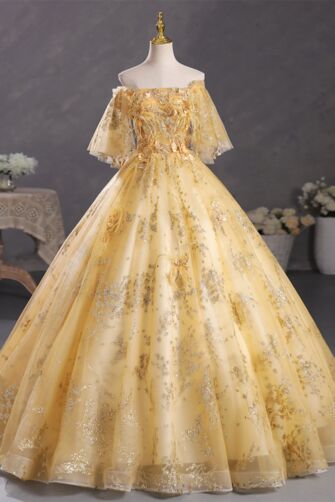 Gilded Blossom Off-Shoulder Tulle Ball Gown
