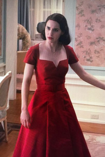 Rachel Brosnahan Red Tea-length Satin Dress The Marvelous Mrs. Maisel