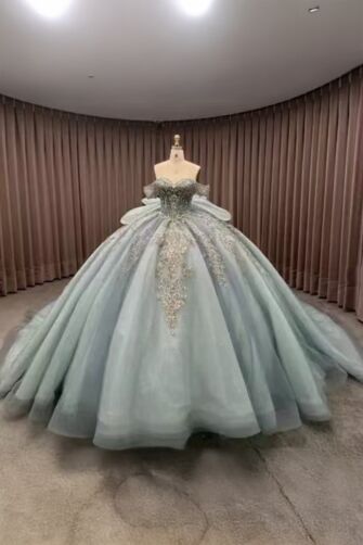 Frozen Majesty – Silver Blue Off-Shoulder Ball Gown