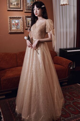 Champagne Starlight Puff-Sleeve Tulle Gown