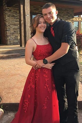 Scarlet Vine Spaghetti-Strap Lace Gown