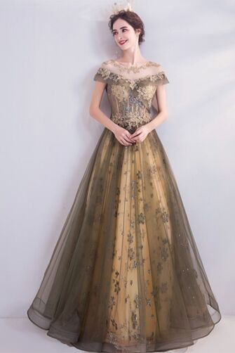 Olive Champagne Gilded Blossom Off-Shoulder Gown