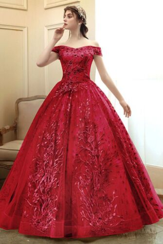 Crimson Rose Garden Off-Shoulder Tulle Ball Gown