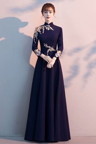Midnight Peony Embroidered Mandarin-Collar Gown