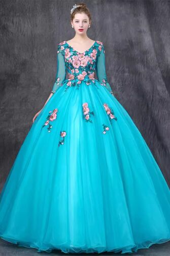Aqua Blossom Illusion-Sleeve Tulle Ball Gown