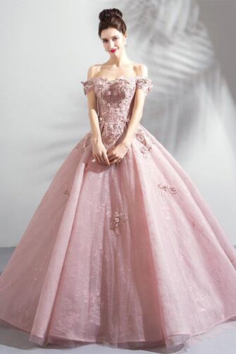 Rose Quartz Blossom Off-Shoulder Lace Ball Gown