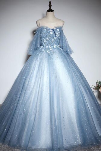 Ice Blue Stardust Blossom Off-Shoulder Ball Gown