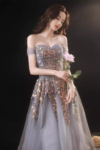 Cool Grey Glitter Formal Dress — Fitted Bodice, Sheer Tulle Skirt