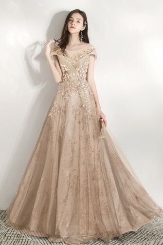 Luxury Champagne A-Line Tulle Gown | Sparkle Embellished | Formal/Prom