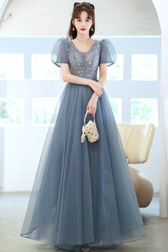 Steel Blue Sparkle A-Line Formal Dress — Short Puff Sleeves