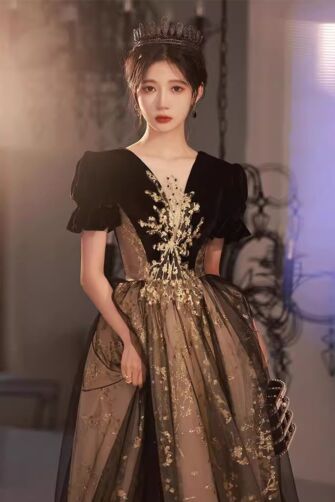 Black & Gold Velvet Puff-Sleeve V-Neck Embroidered Tulle Evening Gown
